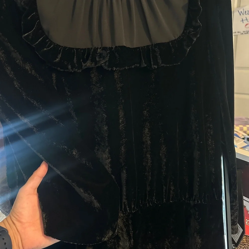 Kate Spade New York Black Sheer Panel Ruffle Trim Velvet Romper (missing belt)